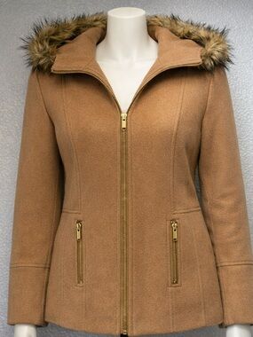Michael Kors Wool‑Blend Coat w/ Faux Fur Hood – Size 12